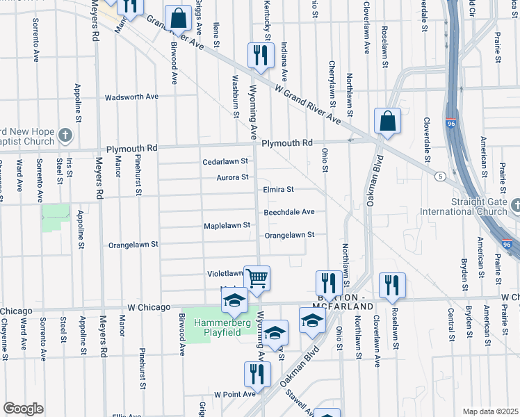 map of restaurants, bars, coffee shops, grocery stores, and more near 10304 Wyoming Avenue in Detroit