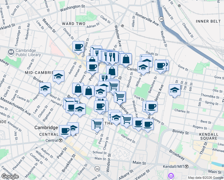 map of restaurants, bars, coffee shops, grocery stores, and more near 299 Columbia Street in Cambridge