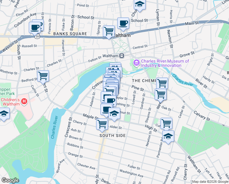 map of restaurants, bars, coffee shops, grocery stores, and more near 322 Moody Street in Waltham