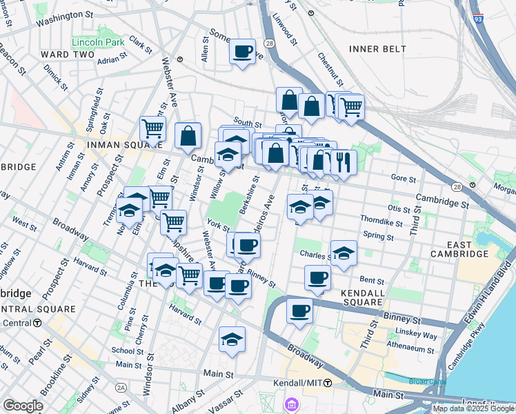 map of restaurants, bars, coffee shops, grocery stores, and more near 1 Marney Street in Cambridge