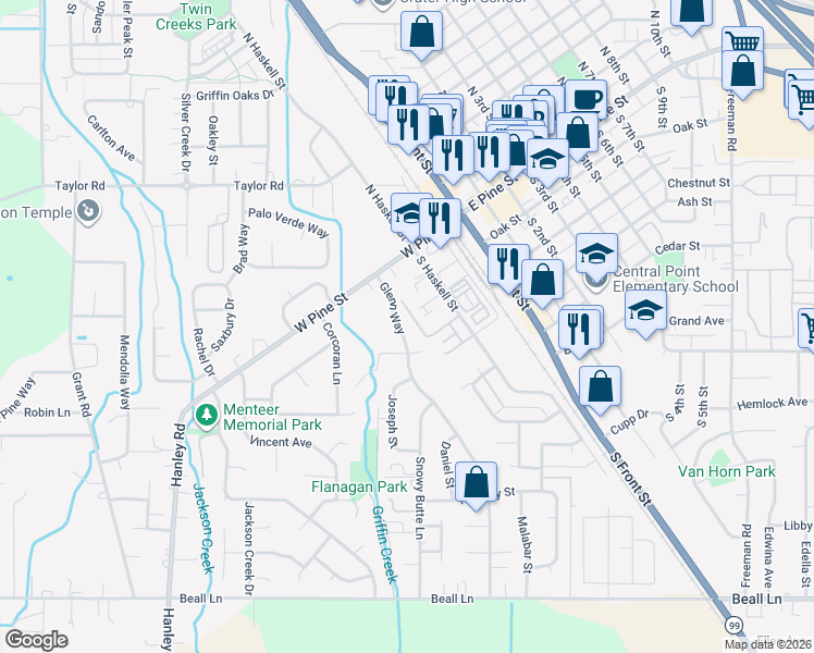 map of restaurants, bars, coffee shops, grocery stores, and more near 155 Glenn Way in Central Point
