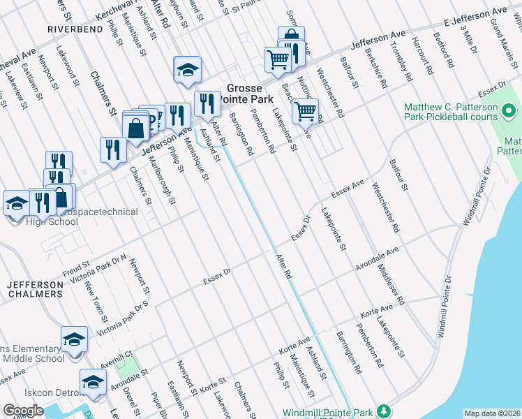 map of restaurants, bars, coffee shops, grocery stores, and more near 614 Alter Road in Detroit