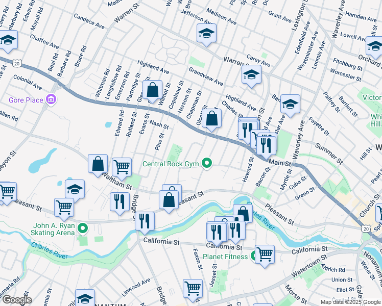 map of restaurants, bars, coffee shops, grocery stores, and more near 41 Puritan Road in Watertown