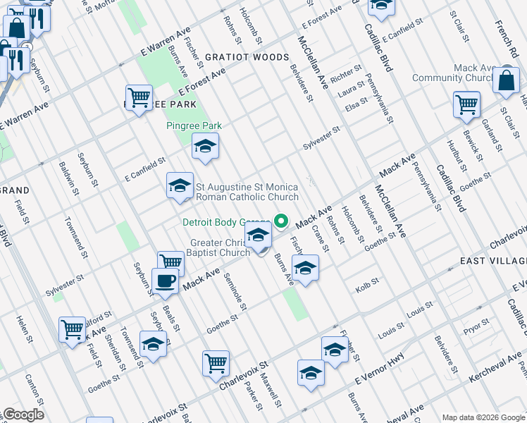 map of restaurants, bars, coffee shops, grocery stores, and more near 3782 Burns Avenue in Detroit