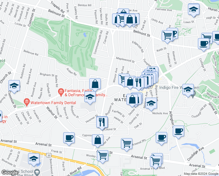 map of restaurants, bars, coffee shops, grocery stores, and more near 467 Mount Auburn Street in Watertown