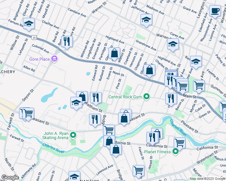 map of restaurants, bars, coffee shops, grocery stores, and more near 185 Acton Street in Watertown