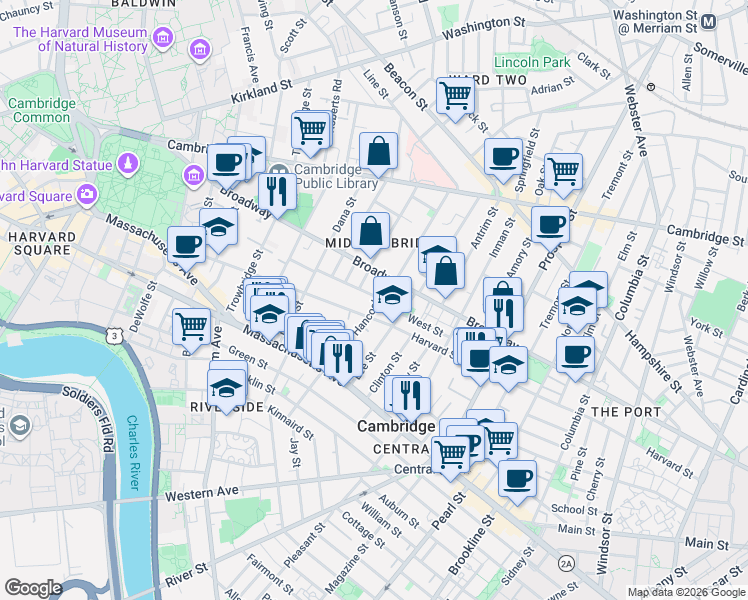 map of restaurants, bars, coffee shops, grocery stores, and more near 8 Hancock Park in Cambridge