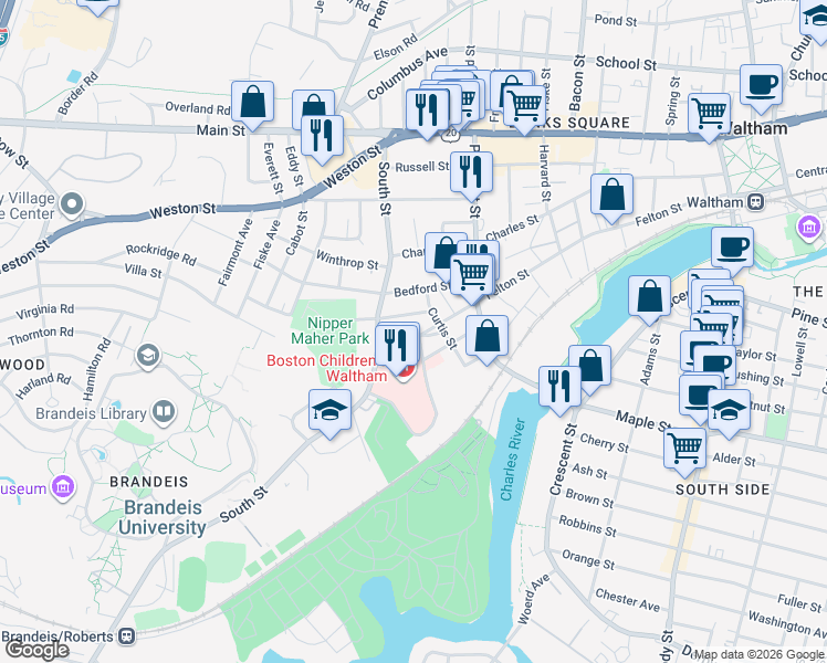 map of restaurants, bars, coffee shops, grocery stores, and more near 49 Highland Street in Waltham
