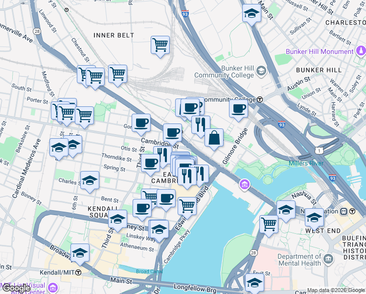 map of restaurants, bars, coffee shops, grocery stores, and more near 95 Cambridge Street in Cambridge
