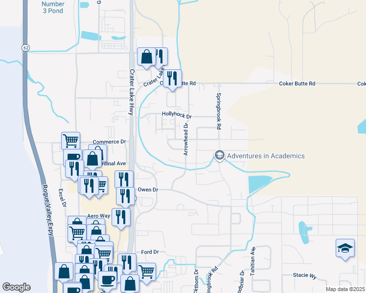map of restaurants, bars, coffee shops, grocery stores, and more near 3835 Arrowhead Drive in Medford