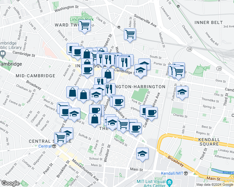 map of restaurants, bars, coffee shops, grocery stores, and more near 45 Union Street in Cambridge