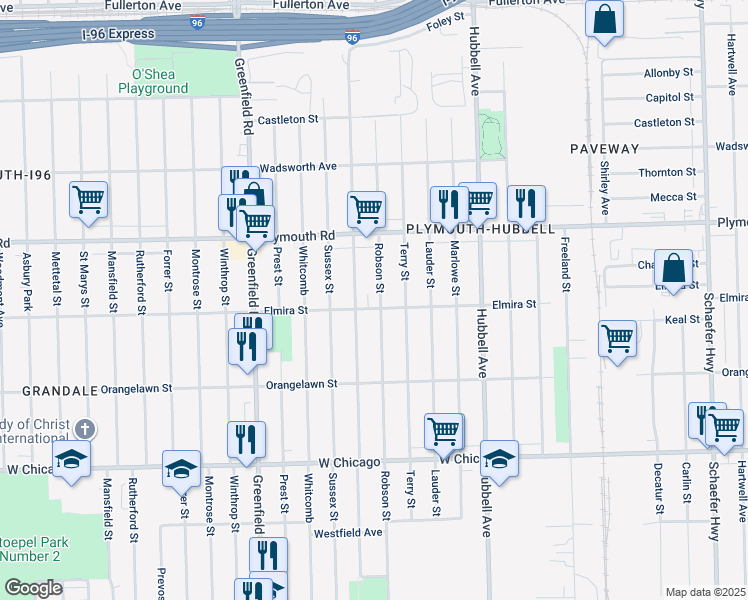 map of restaurants, bars, coffee shops, grocery stores, and more near 11311 Robson Street in Detroit