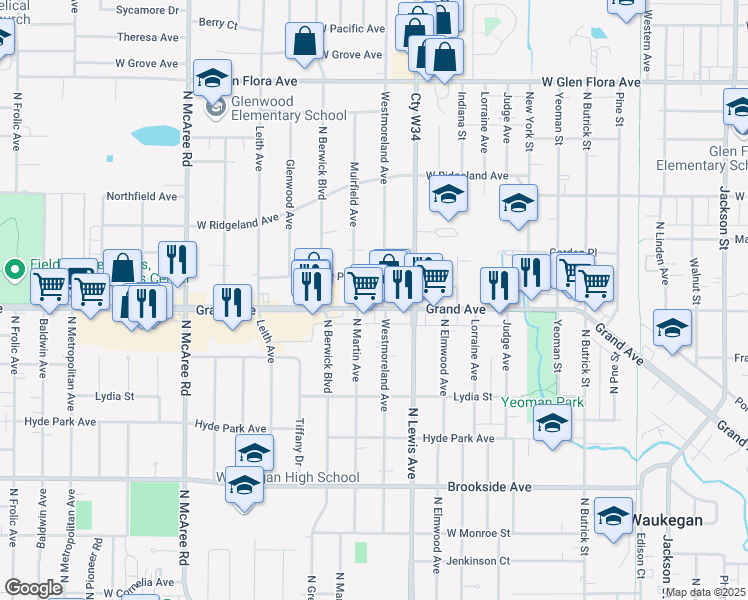 map of restaurants, bars, coffee shops, grocery stores, and more near 2040 Grand Avenue in Waukegan
