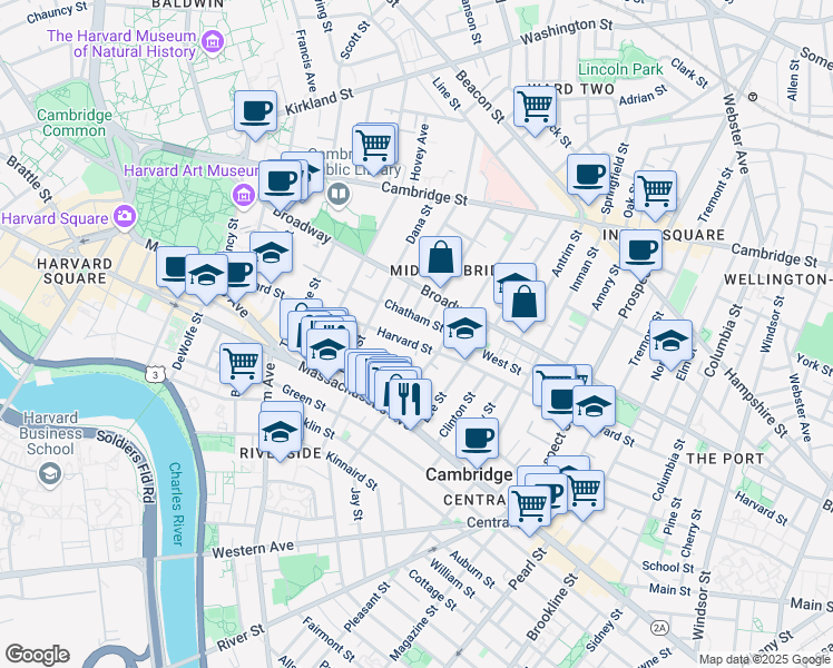 map of restaurants, bars, coffee shops, grocery stores, and more near 325 Harvard Street in Cambridge