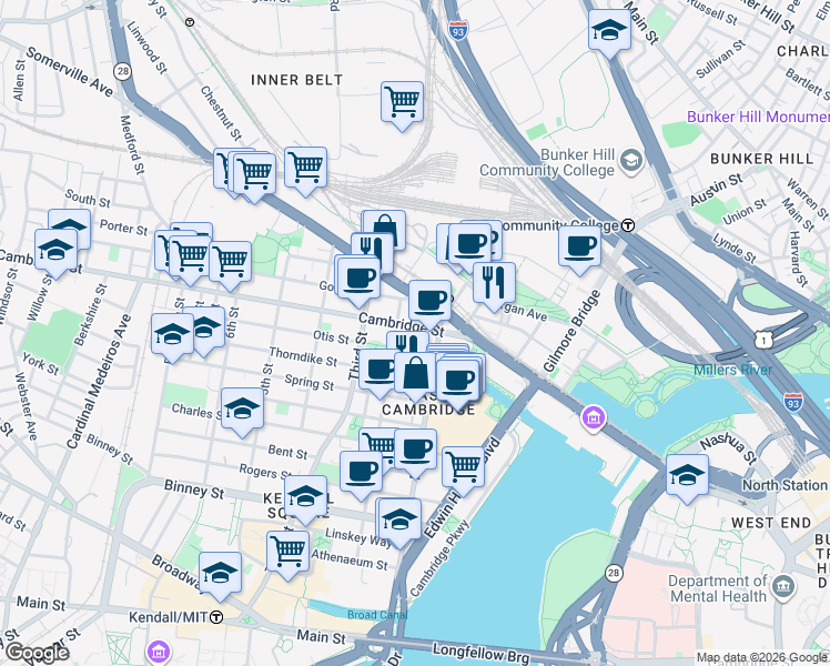 map of restaurants, bars, coffee shops, grocery stores, and more near in Cambridge