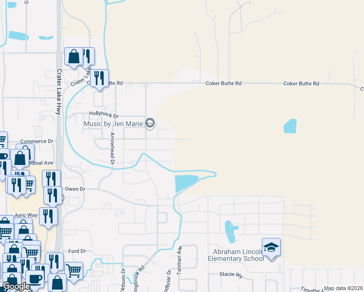 map of restaurants, bars, coffee shops, grocery stores, and more near 2004 Hondeleau Lane in Medford