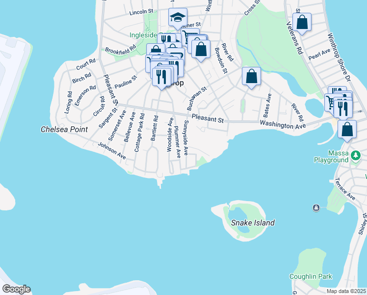 map of restaurants, bars, coffee shops, grocery stores, and more near 76 Sunnyside Avenue in Winthrop