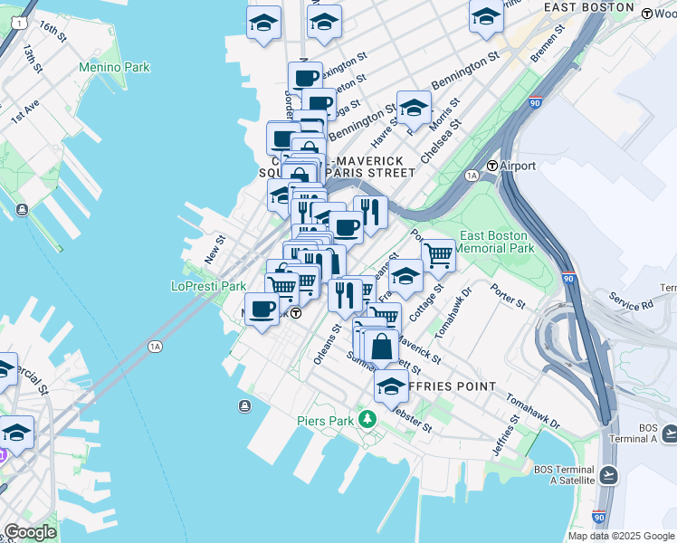 map of restaurants, bars, coffee shops, grocery stores, and more near 82 Bremen Street in Boston