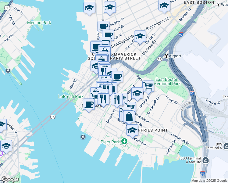 map of restaurants, bars, coffee shops, grocery stores, and more near 82 Bremen Street in Boston