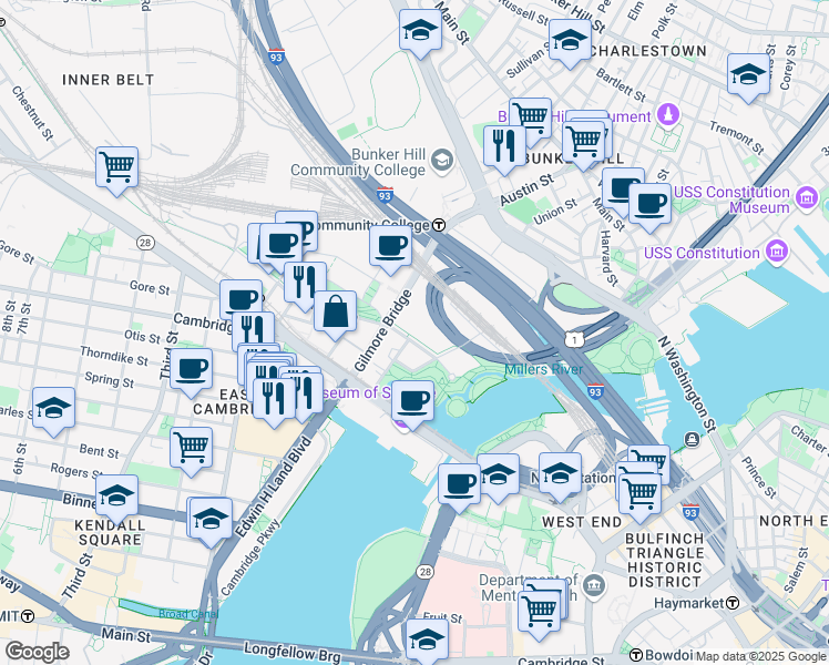 map of restaurants, bars, coffee shops, grocery stores, and more near 25 Charlestown Avenue in Cambridge