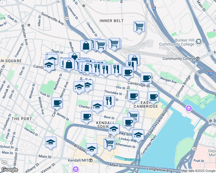 map of restaurants, bars, coffee shops, grocery stores, and more near 79 5th Street in Cambridge
