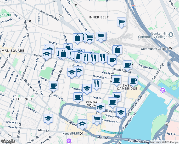 map of restaurants, bars, coffee shops, grocery stores, and more near 79 5th Street in Cambridge