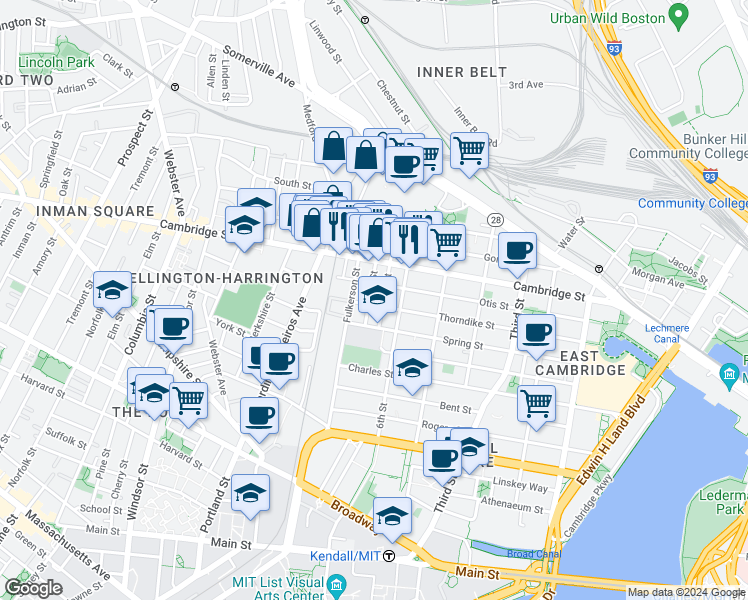 map of restaurants, bars, coffee shops, grocery stores, and more near 180 Thorndike Street in Cambridge