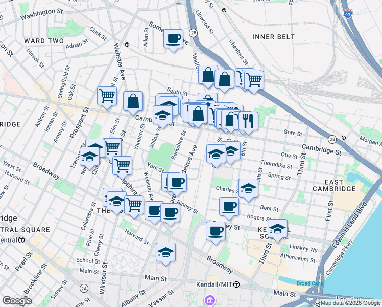 map of restaurants, bars, coffee shops, grocery stores, and more near 1 Marney Street in Cambridge