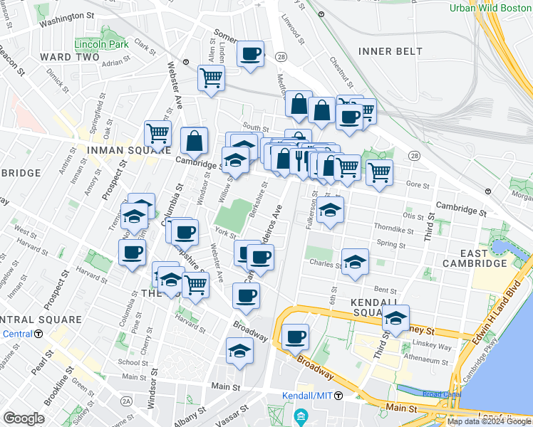 map of restaurants, bars, coffee shops, grocery stores, and more near 1 Marney Street in Cambridge
