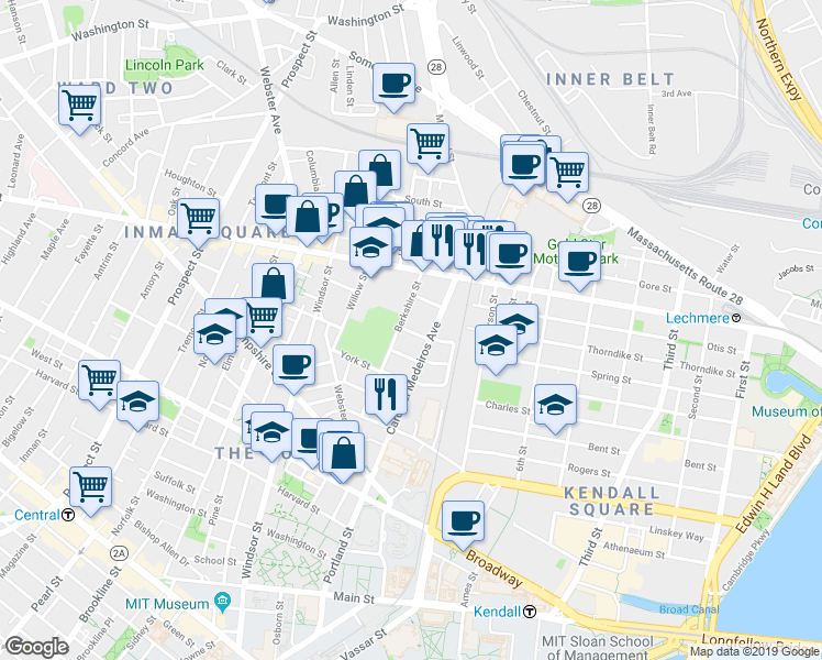 map of restaurants, bars, coffee shops, grocery stores, and more near 1 Marney Street in Cambridge