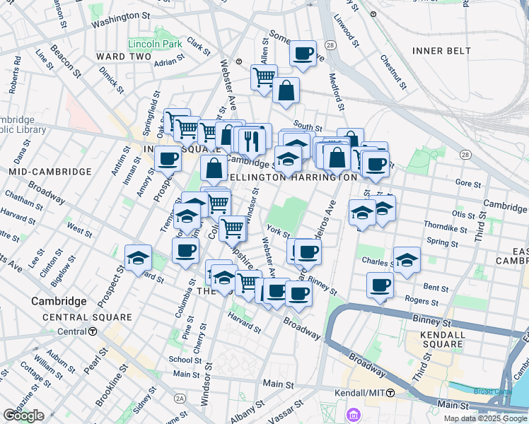 map of restaurants, bars, coffee shops, grocery stores, and more near 26 Lincoln Street in Cambridge