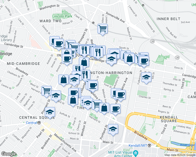 map of restaurants, bars, coffee shops, grocery stores, and more near 386 Windsor Street in Cambridge