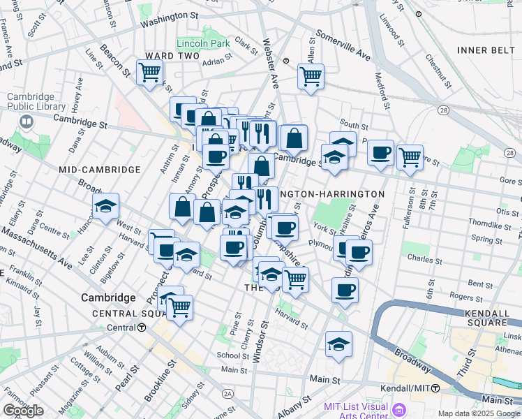 map of restaurants, bars, coffee shops, grocery stores, and more near 132 Hampshire Street in Cambridge