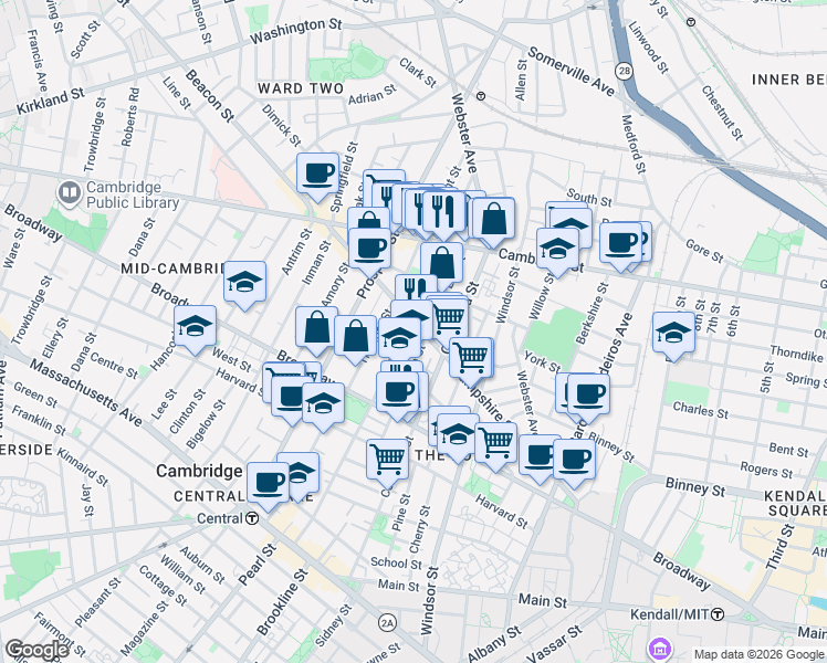 map of restaurants, bars, coffee shops, grocery stores, and more near 132 Hampshire Street in Cambridge