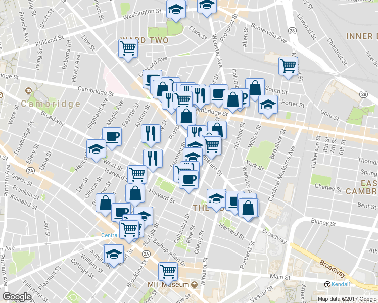 map of restaurants, bars, coffee shops, grocery stores, and more near 28 Tremont Street in Cambridge