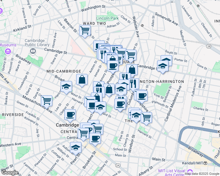 map of restaurants, bars, coffee shops, grocery stores, and more near 210 Prospect Street in Cambridge