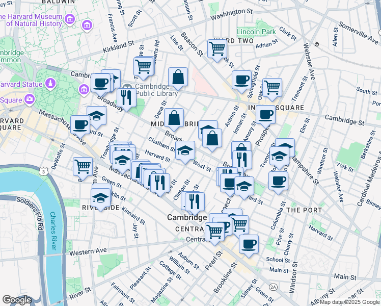 map of restaurants, bars, coffee shops, grocery stores, and more near 3 Hancock Park in Cambridge