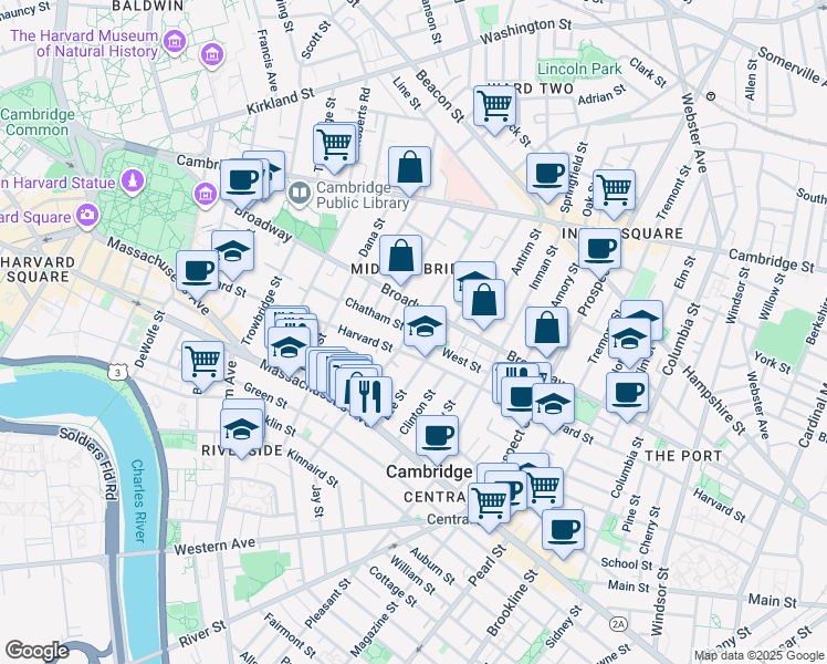 map of restaurants, bars, coffee shops, grocery stores, and more near 3 Hancock Park in Cambridge