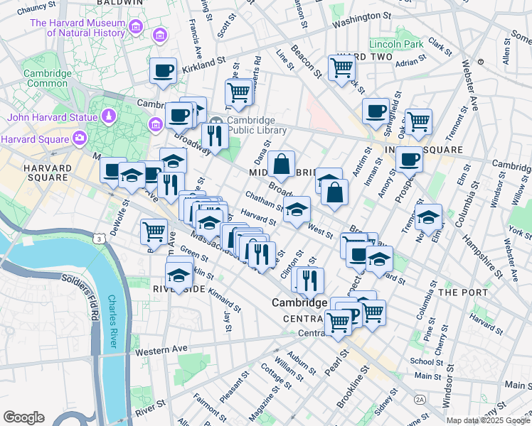 map of restaurants, bars, coffee shops, grocery stores, and more near 321 Harvard Street in Cambridge