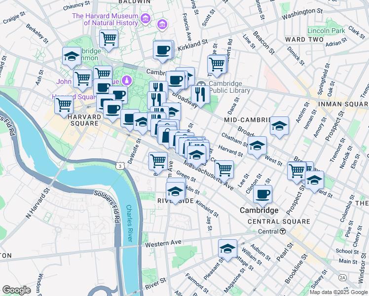 map of restaurants, bars, coffee shops, grocery stores, and more near 12 Trowbridge Street in Cambridge