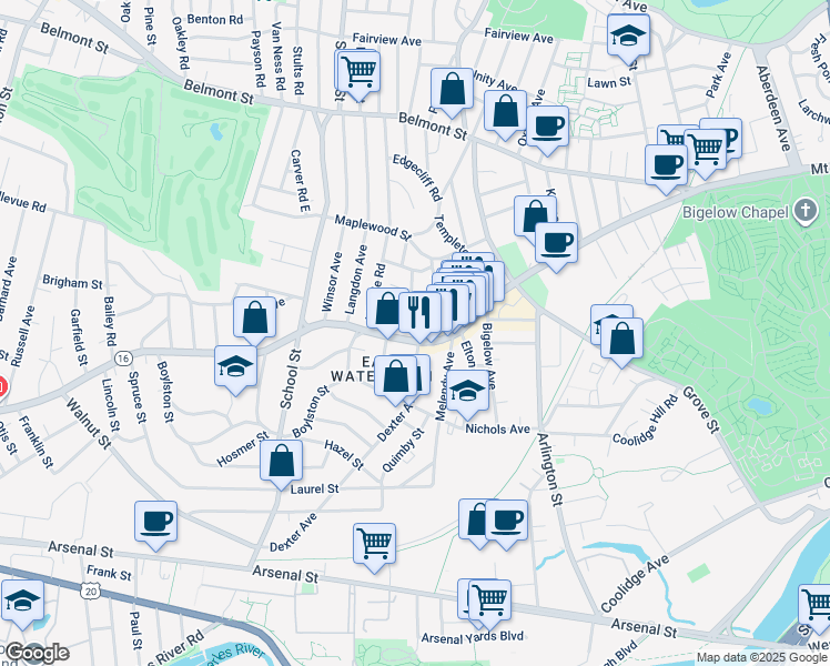 map of restaurants, bars, coffee shops, grocery stores, and more near 564 Mount Auburn Street in Watertown