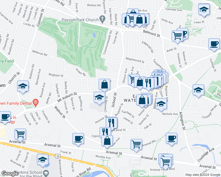 map of restaurants, bars, coffee shops, grocery stores, and more near 434 Mount Auburn Street in Watertown