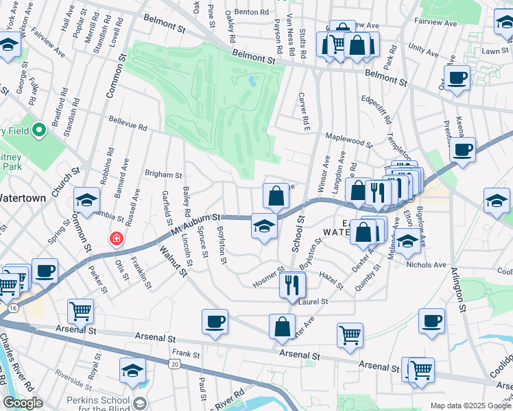 map of restaurants, bars, coffee shops, grocery stores, and more near 18 Adams Avenue in Watertown