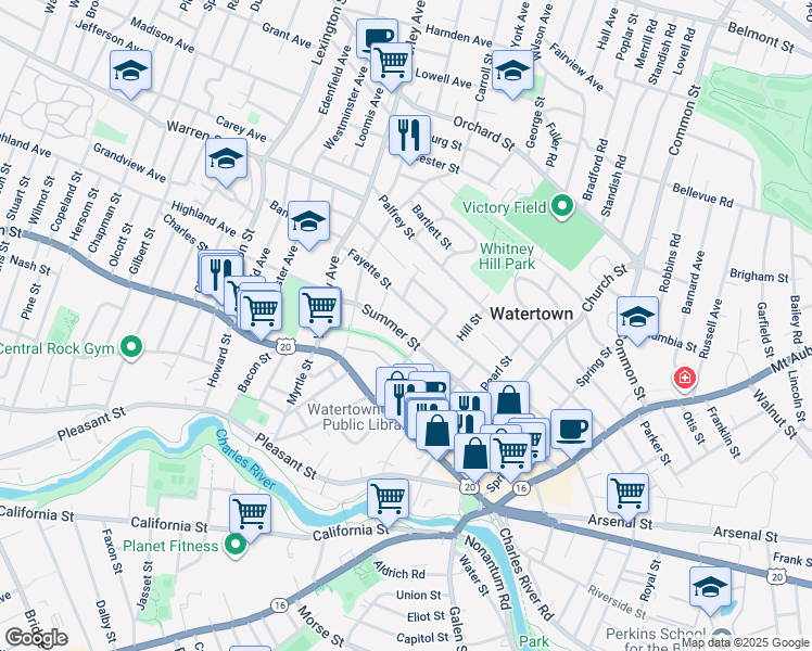 map of restaurants, bars, coffee shops, grocery stores, and more near 188 Summer Street in Watertown
