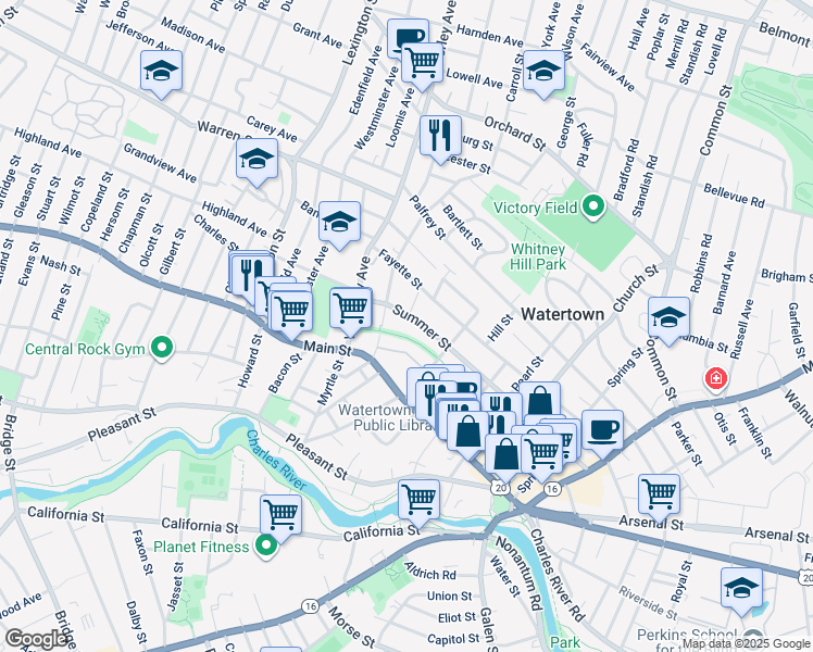 map of restaurants, bars, coffee shops, grocery stores, and more near 188 Summer Street in Watertown