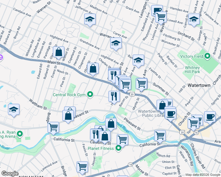 map of restaurants, bars, coffee shops, grocery stores, and more near 12 Oakland Street in Watertown