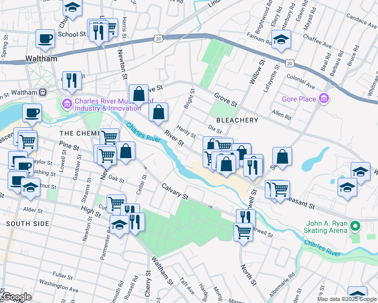map of restaurants, bars, coffee shops, grocery stores, and more near 176 River Street in Waltham