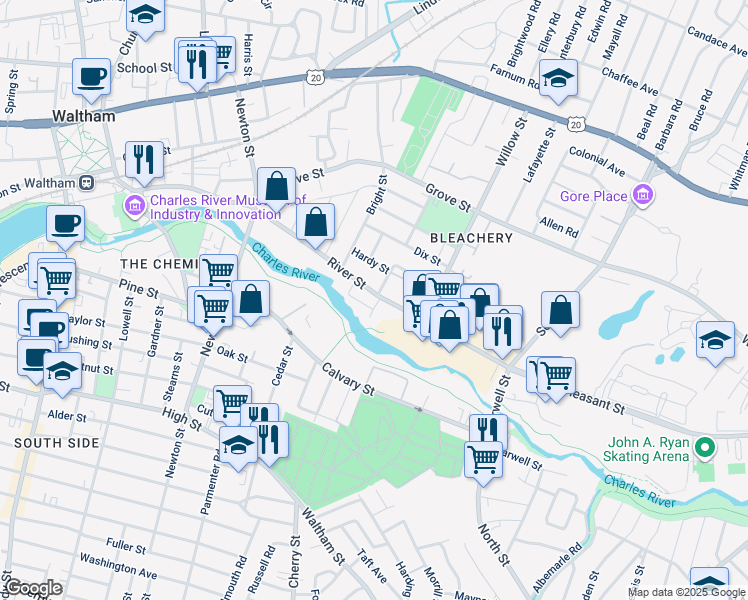 map of restaurants, bars, coffee shops, grocery stores, and more near 176 River Street in Waltham