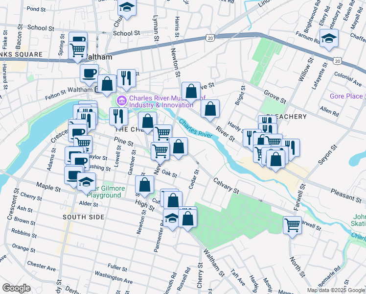 map of restaurants, bars, coffee shops, grocery stores, and more near 44 Calvary Street in Waltham