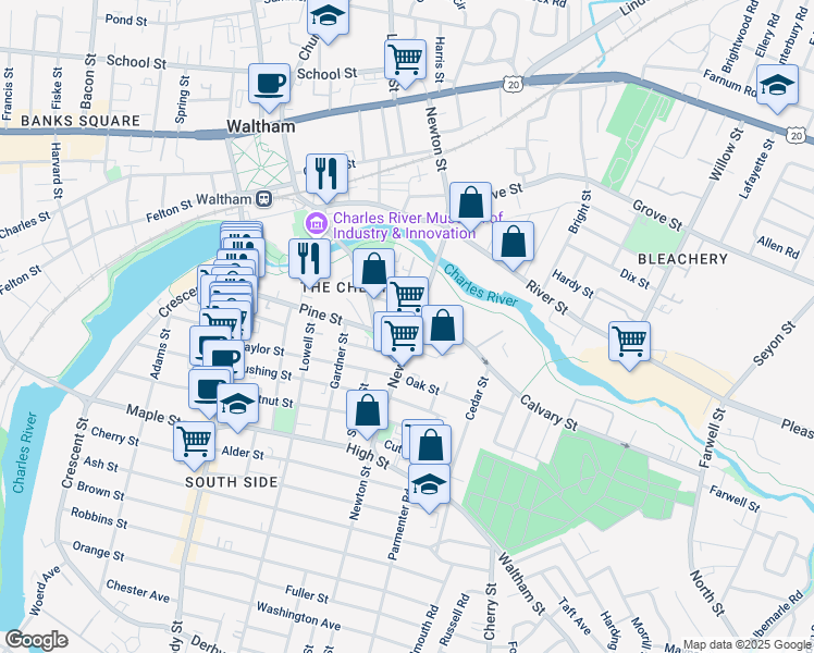 map of restaurants, bars, coffee shops, grocery stores, and more near 132 Pine Street in Waltham